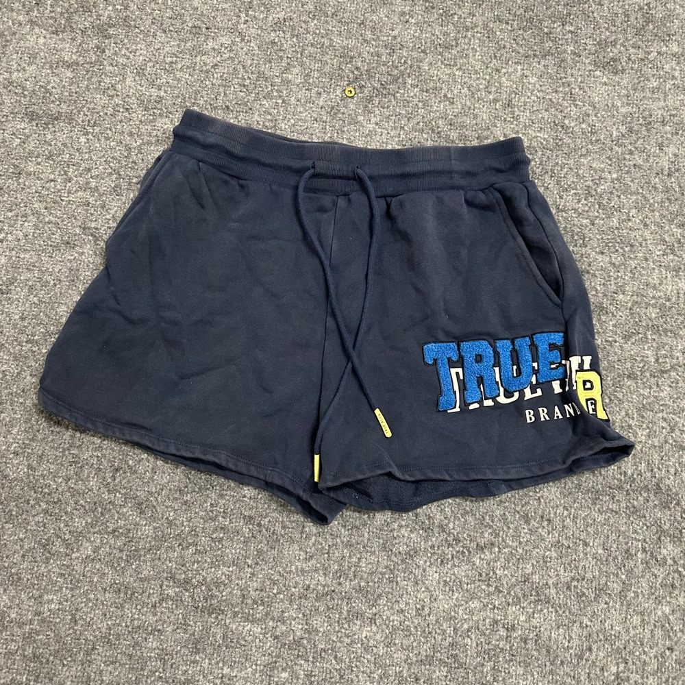 True Religion Shorts Womens Size S Navy Blue Fleece Chenille Logo Casual Gym